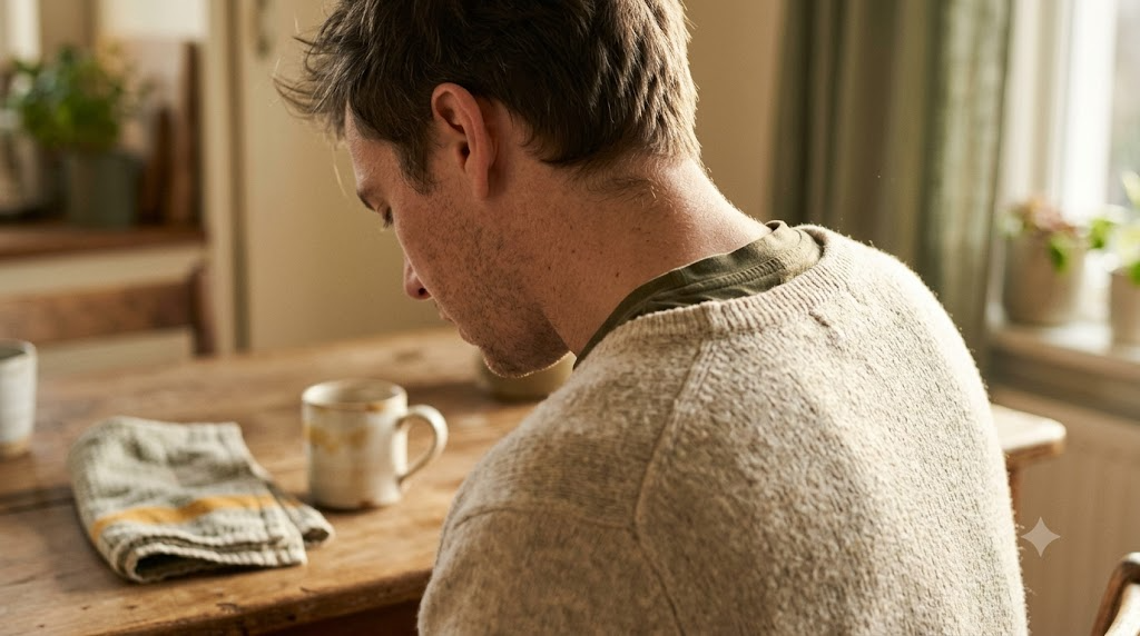 A person at a kitchen table letting their shoulders go slack after a long exhale.