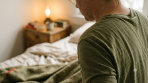 A person rolling their shoulders back and letting a long breath out, sitting on a bed of rumpled linen in warm lamplight.