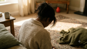 A person on a worn rug letting their head hang forward and shoulders drop in morning sun.