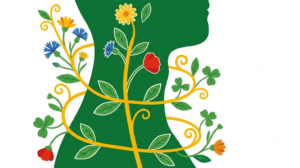Flat vector folk-art illustration of a simplified human neck and throat with the vagus nerve running down it, wrapped in a wide spiral of cornflowers, daisies and clover leaves on a white background.