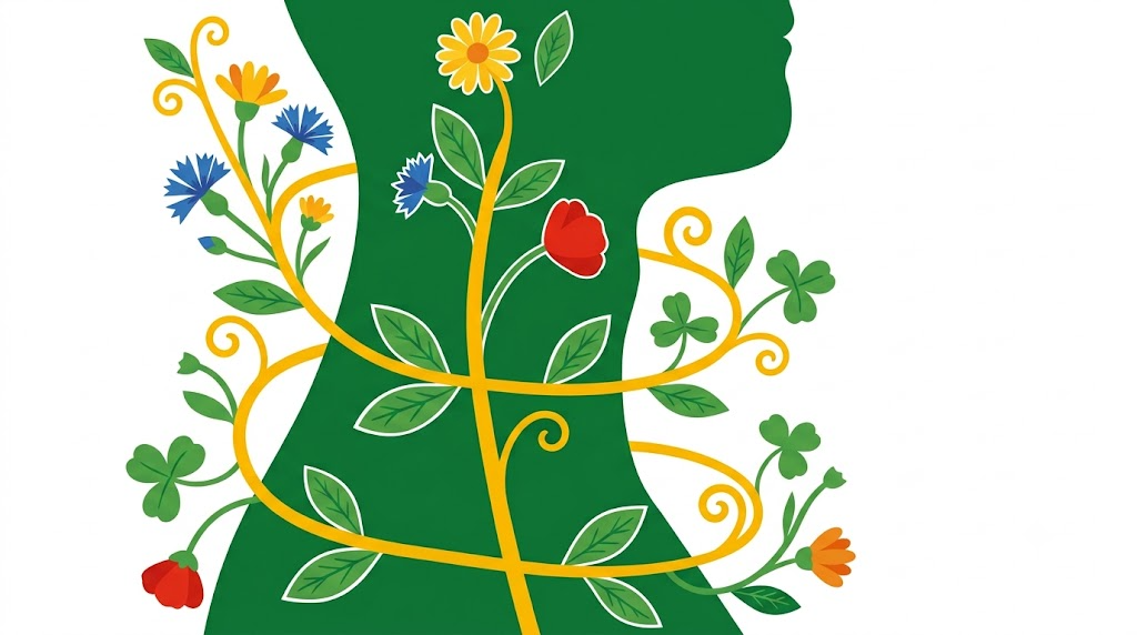 Flat vector folk-art illustration of a simplified human neck and throat with the vagus nerve running down it, wrapped in a wide spiral of cornflowers, daisies and clover leaves on a white background.