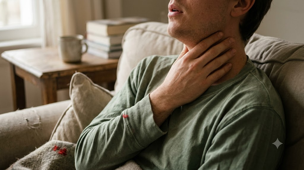 A person breathing slowly with one hand cupped over the side of their neck in a deep armchair in soft window light.