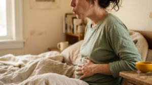 A person seated on a bed exhaling slowly through pursed lips with one hand on their belly in late afternoon light.