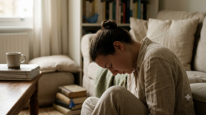 In profile beside a sofa, a person lowers their chin towards their chest and breathes out in soft window light.