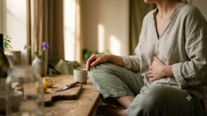 A person sitting cross-legged breathing out slowly with one hand resting on their belly in a warm, lived-in room.