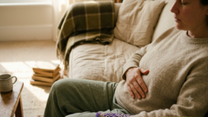 In profile with eyes closed, a person takes a slow deep breath with one hand resting flat on their belly on a sofa.