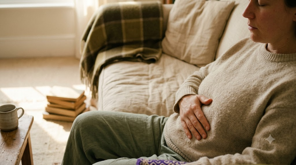 In profile with eyes closed, a person takes a slow deep breath with one hand resting flat on their belly on a sofa.