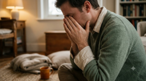 A person seated on a worn rug presses their palms gently over closed eyes in warm lamplight.