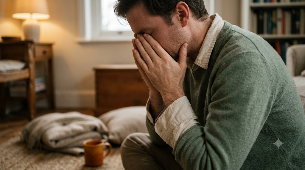 A person seated on a worn rug presses their palms gently over closed eyes in warm lamplight.