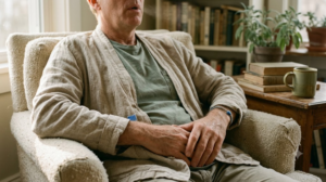 A person sinking back into a deep armchair letting a long breath out in warm afternoon light.