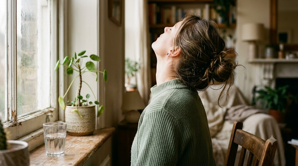 Seen from behind at a windowsill, a person tips their head back and lets out a long breath in soft light.