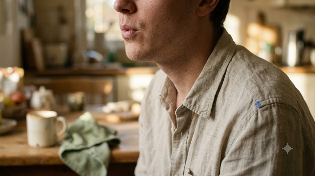 Close crop of a person at a kitchen table humming a long low note, cropped at the chin, in low morning sun.