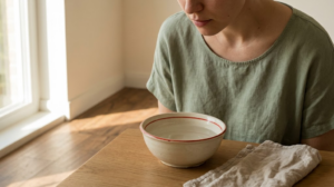 A person lowering their face towards a bowl of cold water, photographed in soft natural light.