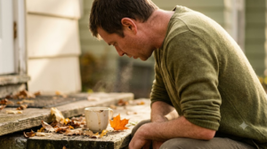Seated on a low step among fallen leaves, a person leans forward on their elbows and breathes out.