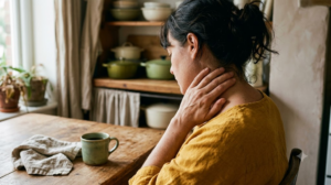 A close photograph from behind of a person massaging the side of their own neck with two fingers at a kitchen table in soft window light.