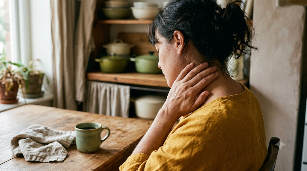 A close photograph from behind of a person massaging the side of their own neck with two fingers at a kitchen table in soft window light.
