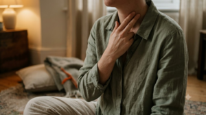 A person drawing two fingers slowly down the side of their own neck in a warm room