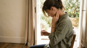 A person massaging the side of their own neck with two fingers.
