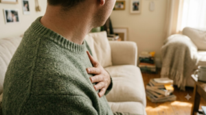 Over the shoulder, a person breathes out slowly with one hand resting over their heart on a sofa in morning light.