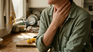 A person resting a warm hand against the side of their own neck in a warm room