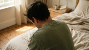 Seen from behind on rumpled bedding, a person lets their shoulders drop after a long slow breath in low morning sun.
