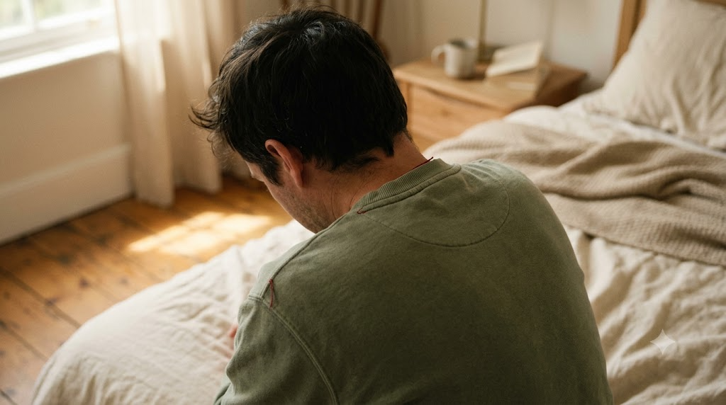 Seen from behind on rumpled bedding, a person lets their shoulders drop after a long slow breath in low morning sun.