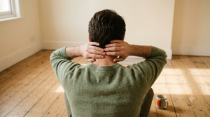 Seen from behind, a person in a sage jumper rests both hands on the back of their neck on a bare wooden floor.