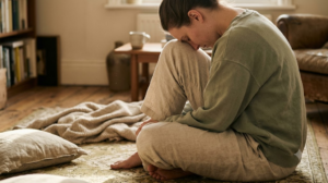 A person curled forward over folded legs on a worn rug in warm afternoon light.