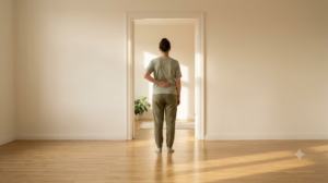 A person seen from behind standing in an open doorway in late afternoon light, exhaling slowly with one hand resting on their belly.