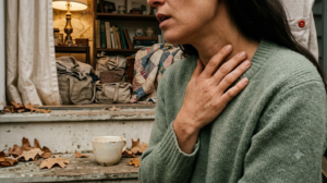 Cropped at the chin, a person hums a long low note with one hand resting on their throat in warm lamplight.