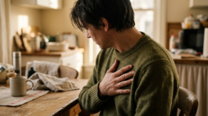A person seen from behind at a kitchen table taking a slow deep breath with one hand flat on their chest in early morning sun.