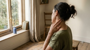 A person massaging the side of their own neck with two fingers, photographed in soft natural light.