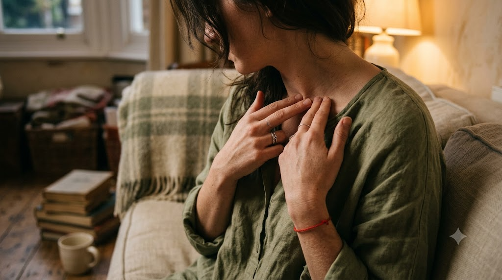 A person on a sofa tapping lightly along their collarbone with two fingertips in lamplight.