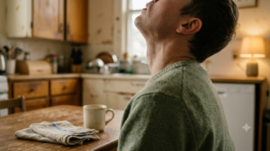 A close, warm over-the-shoulder photograph of a person gargling a mouthful of water with their head tipped back at a kitchen table.