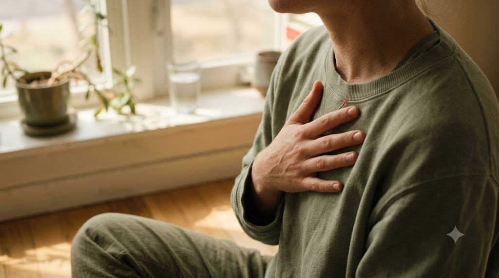 A person humming a long low note with one hand flat on their chest by a windowsill in early morning sun.