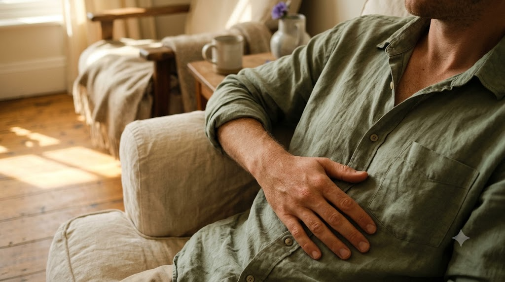 Hands and collarbone of a person resting a hand flat on their stomach in a deep armchair.