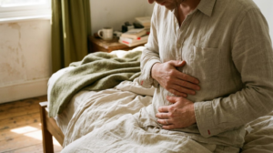 A person rubbing slow circles low on their abdomen in a warm, lived-in room.