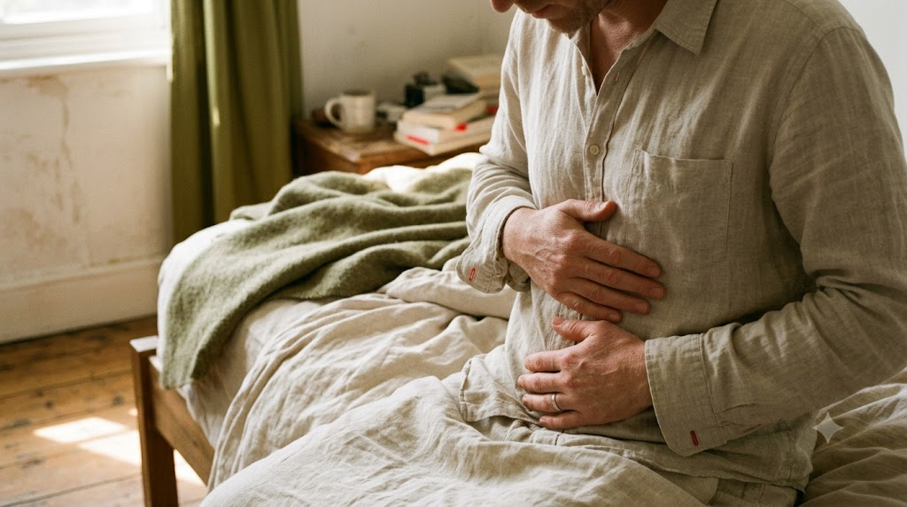 A person rubbing slow circles low on their abdomen in a warm, lived-in room.