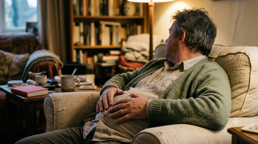 A person seen from behind sitting back in a deep armchair with both hands resting on their belly in warm lamplight.