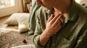 Seen from just above on a worn rug, a person draws slow circles along their collarbone with two fingers.