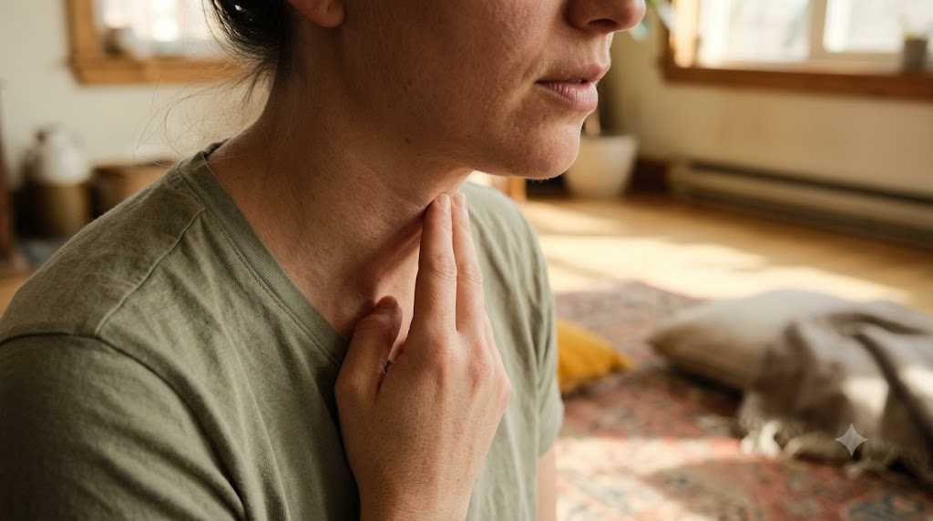 Cropped at the chin on a worn rug, a person hums with two fingers resting on their throat in low morning sun.