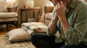 A person on a worn rug rubbing the inner ridge of their ear between finger and thumb.