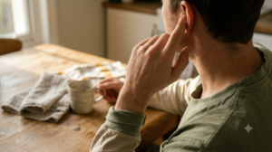 A person at a kitchen table pressing a fingertip into the ridge just inside their own ear in warm morning light.