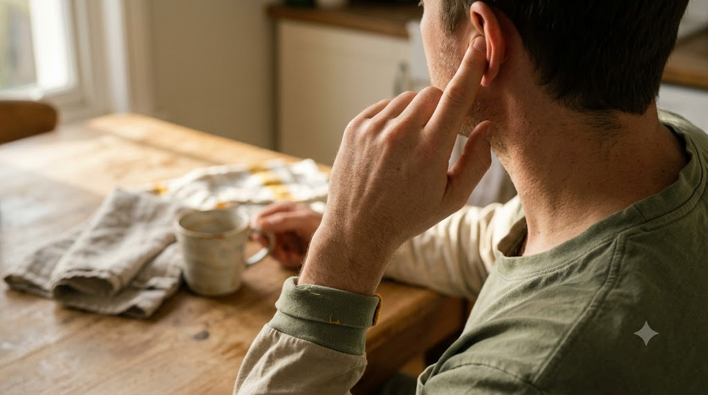 A person at a kitchen table pressing a fingertip into the ridge just inside their own ear in warm morning light.