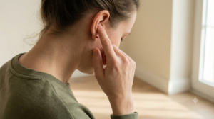 A photograph of a person massaging the inside of their own ear with a fingertip, face turned away, in soft daylight.