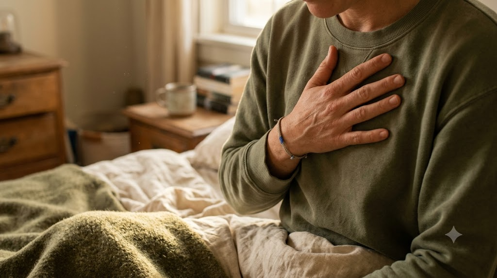 Close view of a hand pressed flat on the chest of someone humming out a long breath on a bed of rumpled linen in raking afternoon light.
