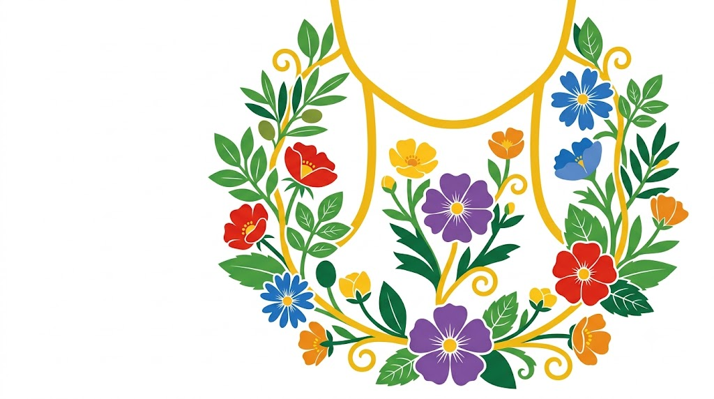 A flat folk-art vector illustration of a human throat encircled by a wreath of wild roses, buttercups and olive.
