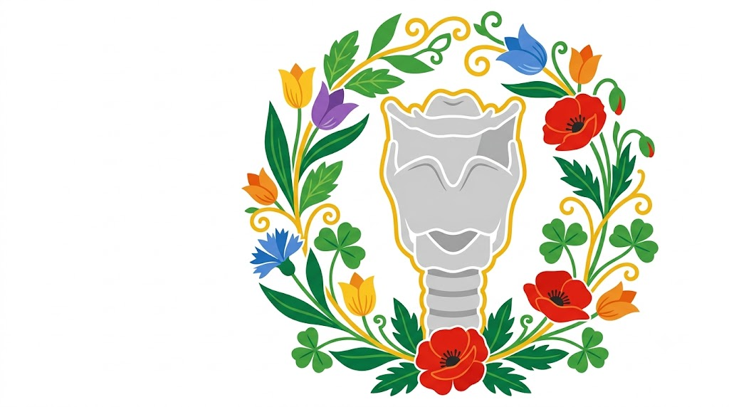 A flat folk-art vector illustration of a human larynx encircled by a wreath of poppies, tulips and clover.