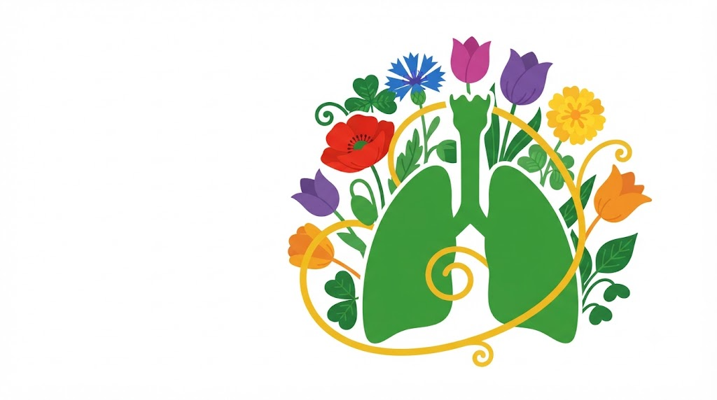Flat vector illustration of a human windpipe and lungs as a solid silhouette with stylised poppies and tulips behind it.