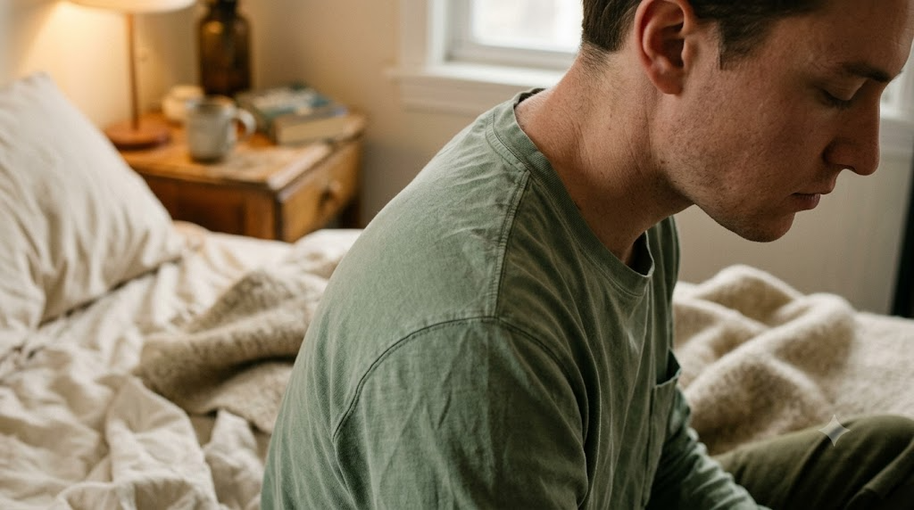 A person on a rumpled bed takes a long slow breath in with eyes closed, seen close in profile.